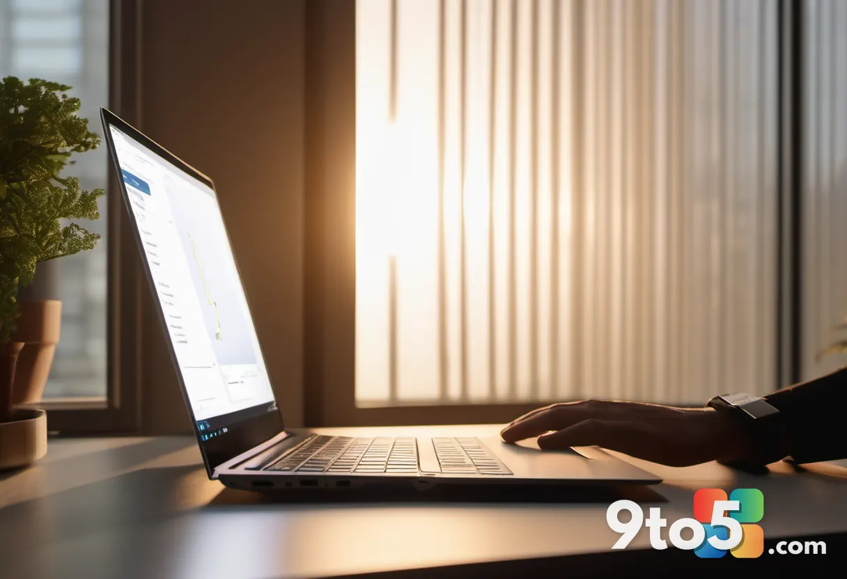 A hand adjusting the brightness slider on a sleek Windows laptop in a dim office, warm desk lamp glow, shallow focus, ed