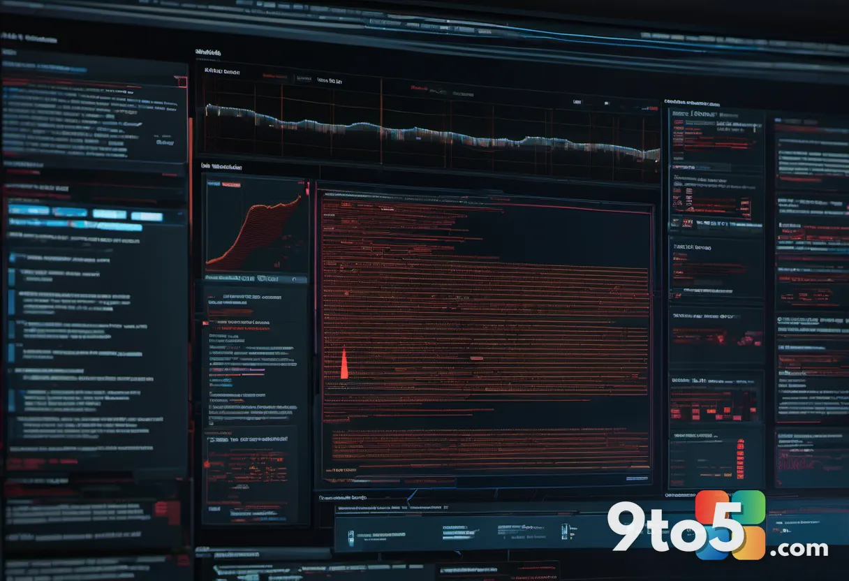 A close-up photograph of lines of glowing AI code on a dark monitor screen, with subtle red warning highlights, moody bl