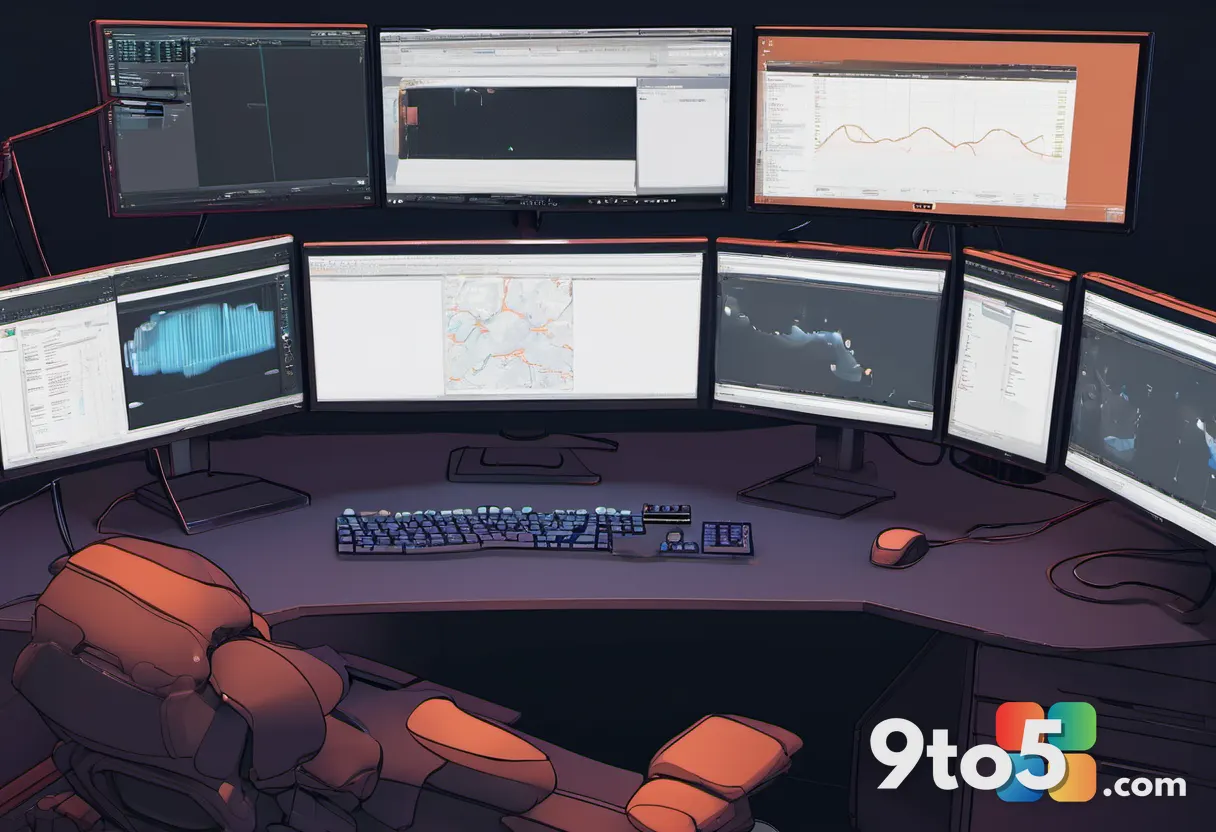 Close-up of a game developer's hands on a keyboard and controller at a dimly lit studio desk, multiple monitors showing 