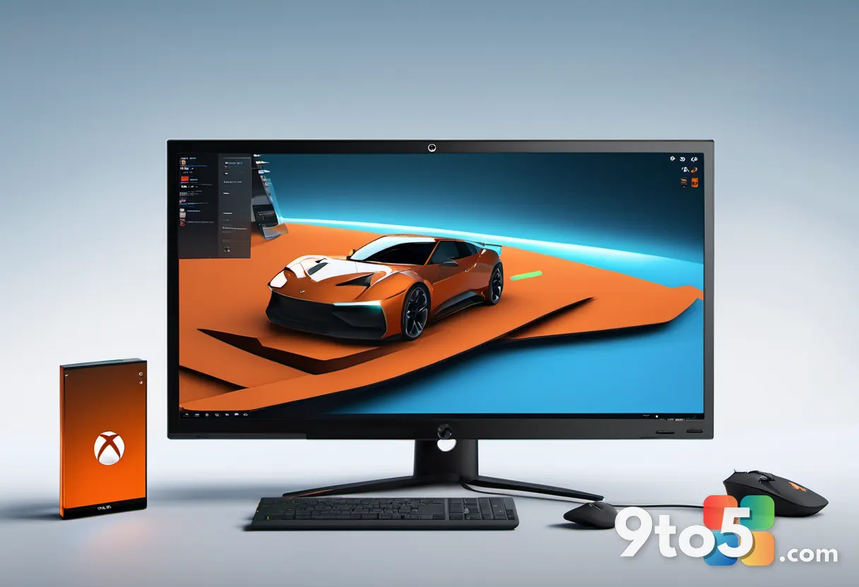 Split-screen composition showing an Xbox console on one side and a Steam logo on a laptop screen on the other, connected
