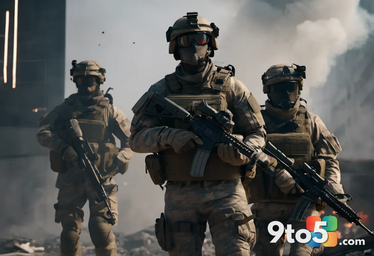 A close-up of two soldiers standing back to back amid rising smoke and debris, muzzle flashes lighting their armored fac