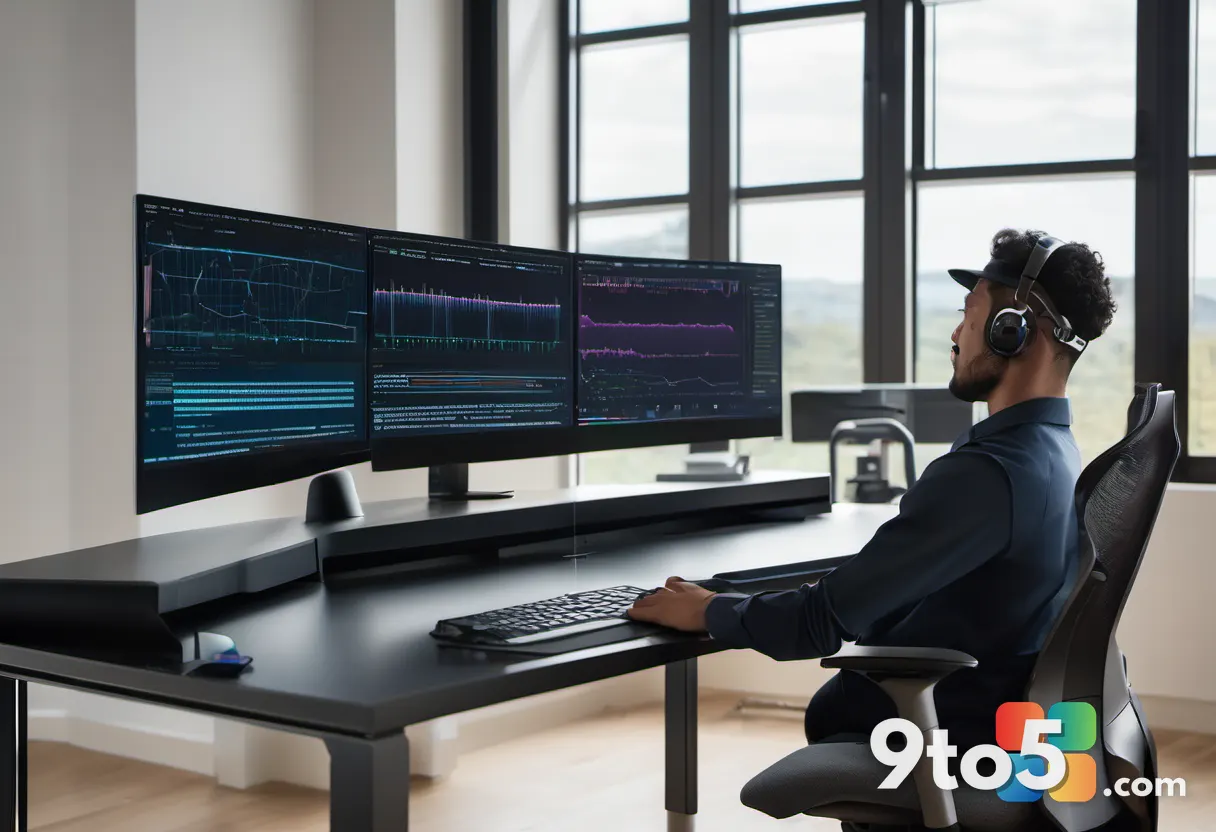 A developer at a modern desk with multiple monitors showing lines of code and glowing AI assistant suggestions, warm amb