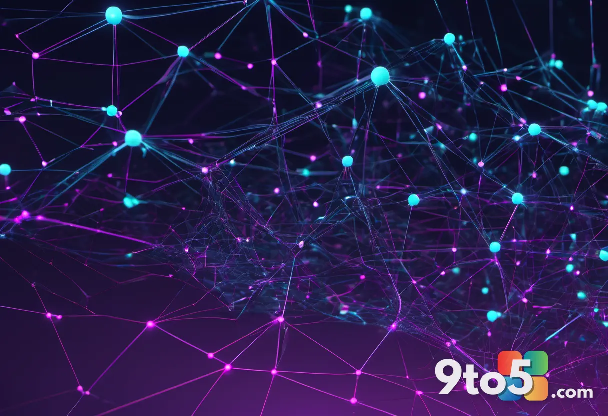 An abstract visualization of a network graph with interconnected glowing nodes and flowing data lines representing dynam