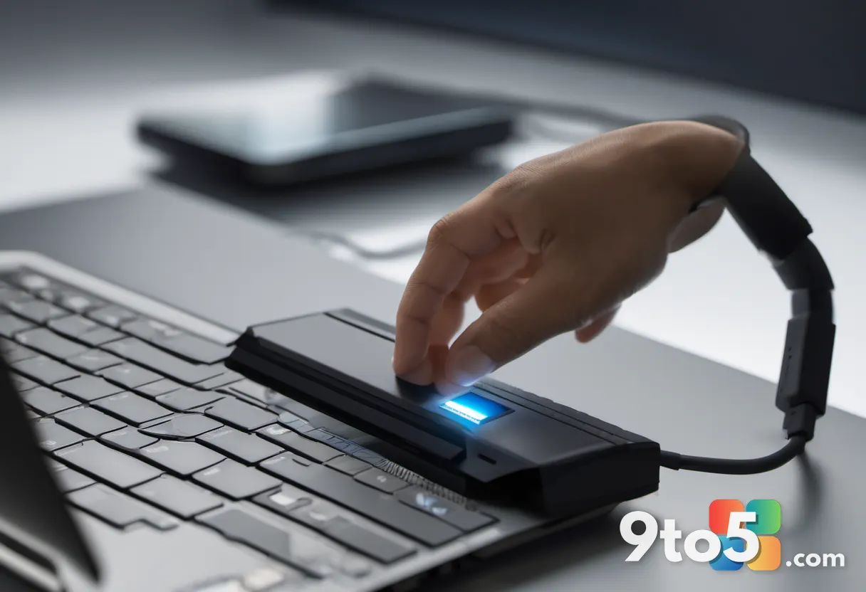 A close-up of a hand plugging a USB drive into a laptop's port, symbolizing installation media. Warm office lighting, sh