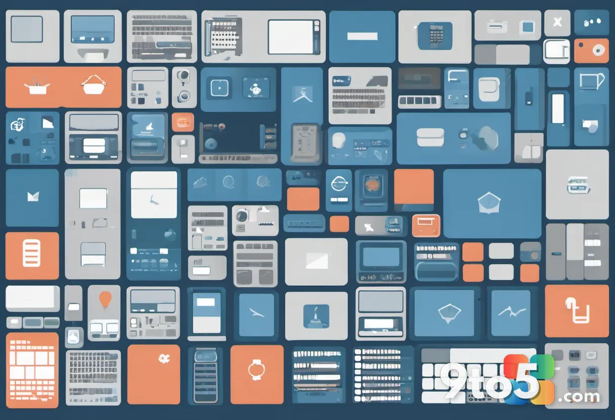 An abstract flat-design illustration of a phased rollout: rows of small computer icons, some highlighted in blue and oth