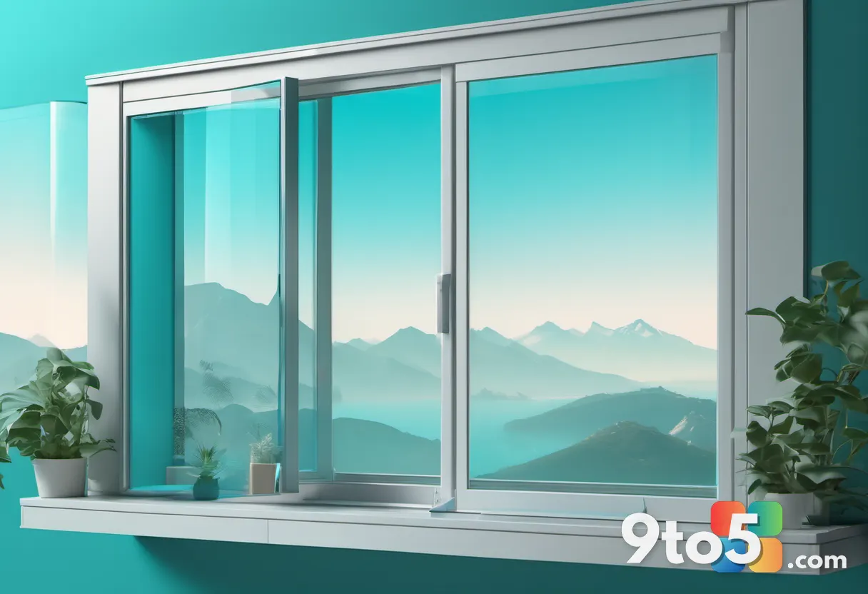 A nostalgic illustration evoking Windows 7's Aero glass aesthetic, with translucent glossy window frames and a soft blue
