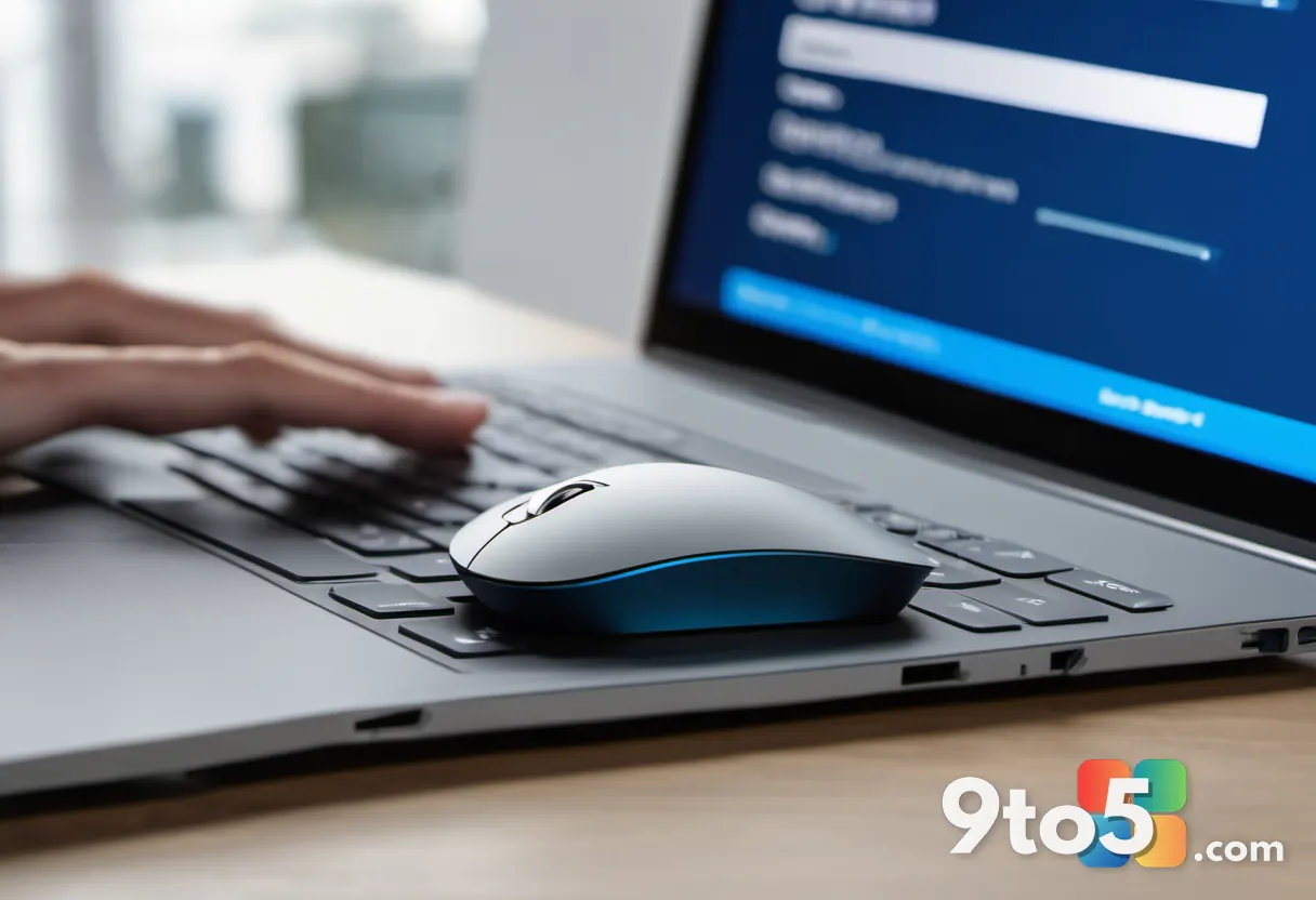 Close-up of a hand using a computer mouse near a laptop showing blue Windows Insider Program settings panels, natural wi