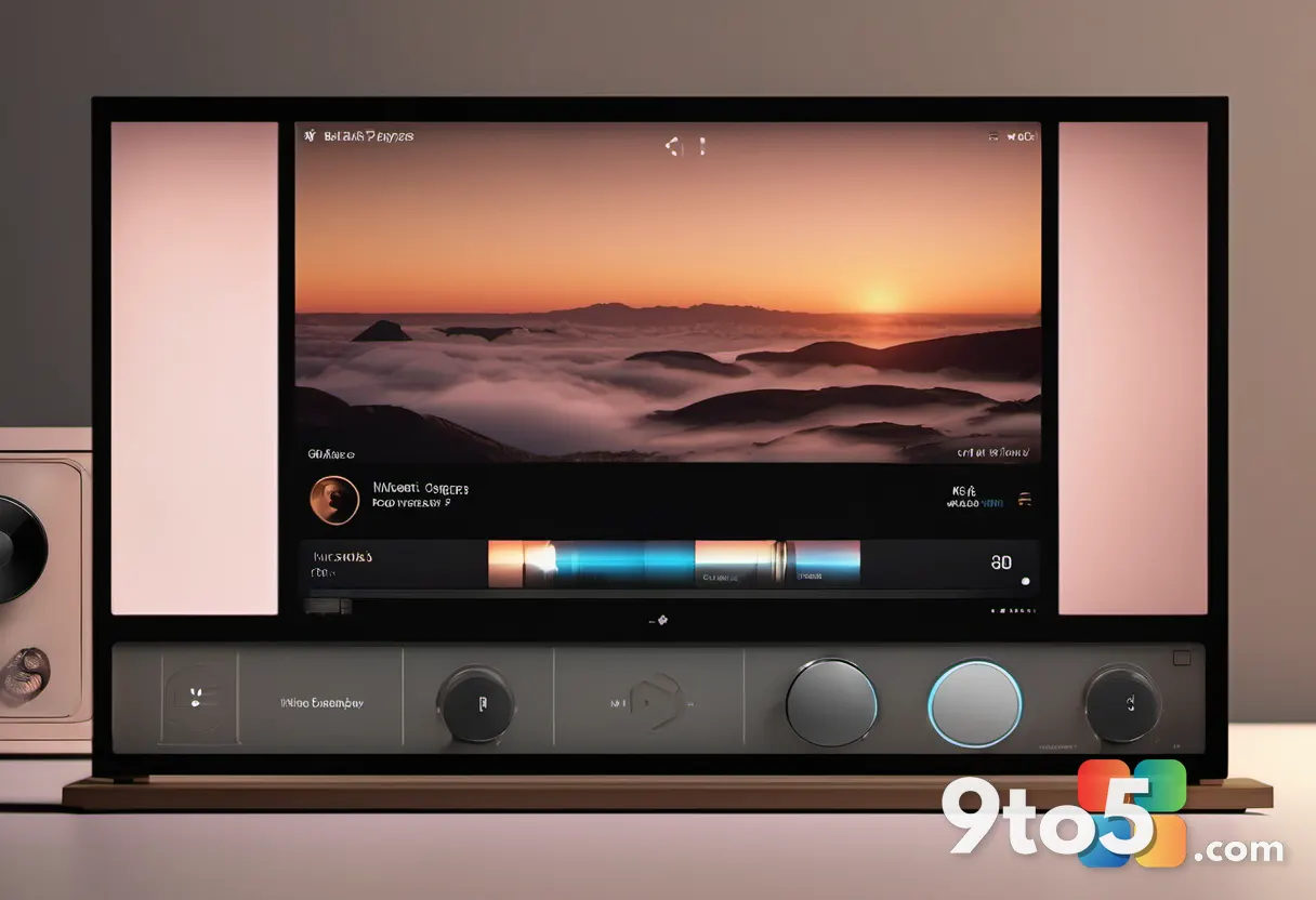 A close-up of a classic wooden home-theater PC media player interface with a glowing play button and volume dial, warm a