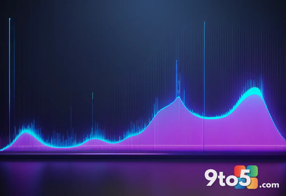 Blue audio sound waves and a waveform rendering in soft light against a dark studio background, evoking Dolby Digital au