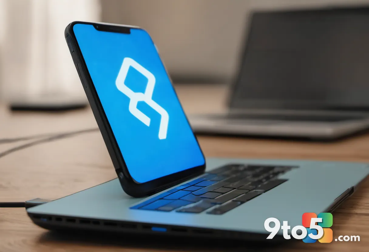 A close-up of a smartphone connected to a laptop via a glowing blue Bluetooth symbol floating between them, on a wooden 