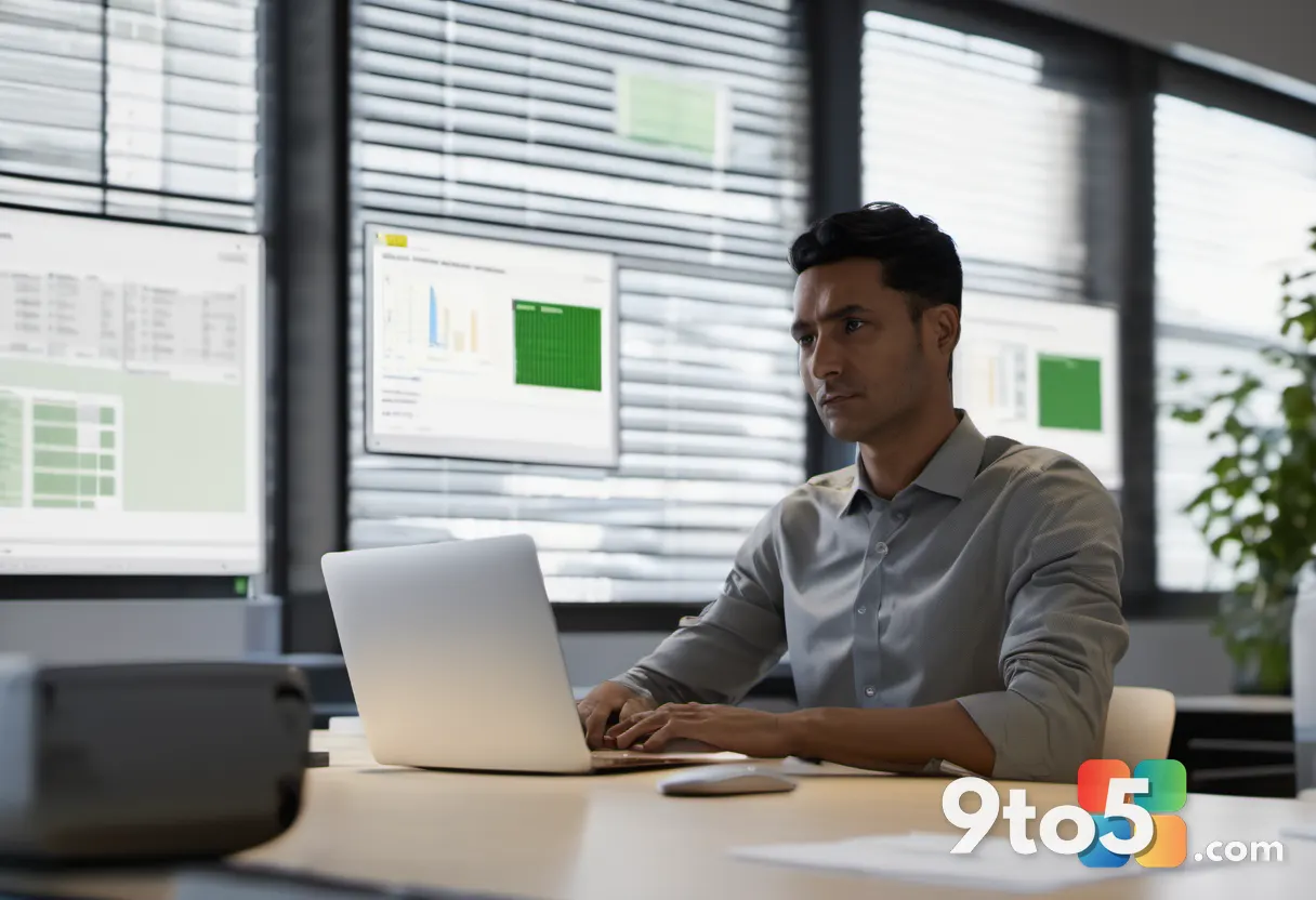 An office worker at a modern desk looking at a laptop screen showing an AI chat panel alongside a spreadsheet, warm natu