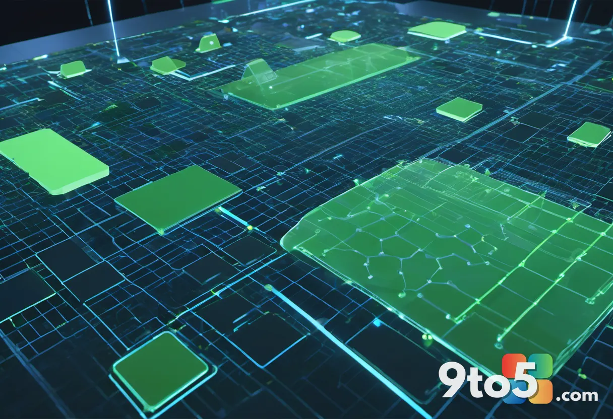 A stylized network of connected nodes and data streams in blue and green tones representing cloud AI rolling out across 
