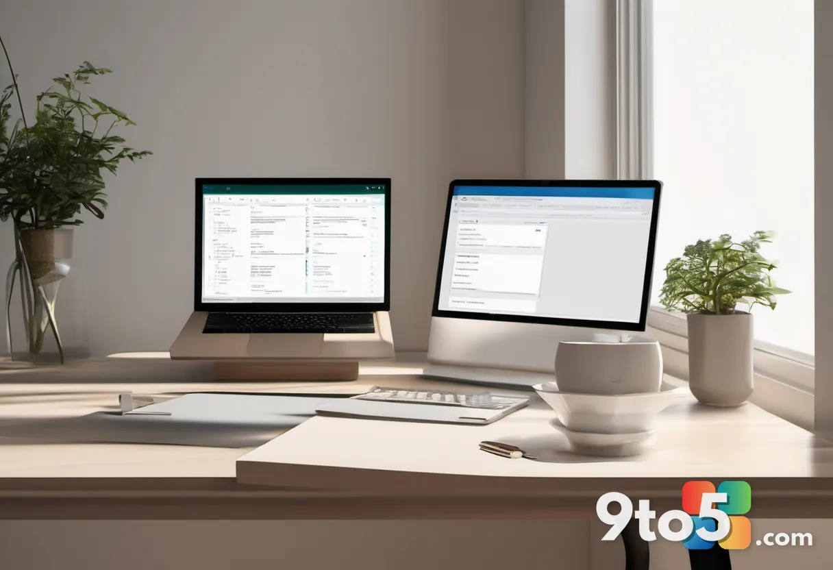 A minimalist desk scene with a coffee cup, notebook, and a laptop showing a tidy email list in morning light, calm produ