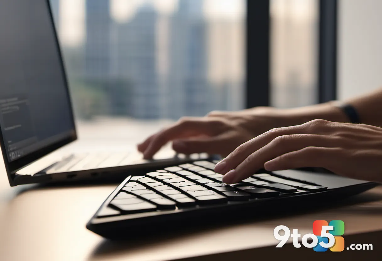 A pair of hands resting on a keyboard in front of a Windows 11 desktop, warm office lighting, shallow focus, candid edit