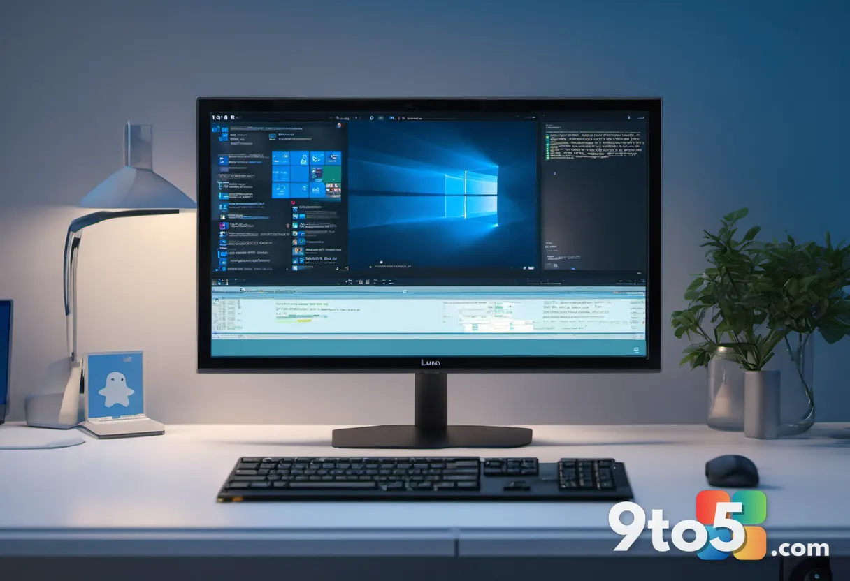 A developer's desk with a monitor showing a terminal window running Linux commands, soft blue lighting, shallow depth of