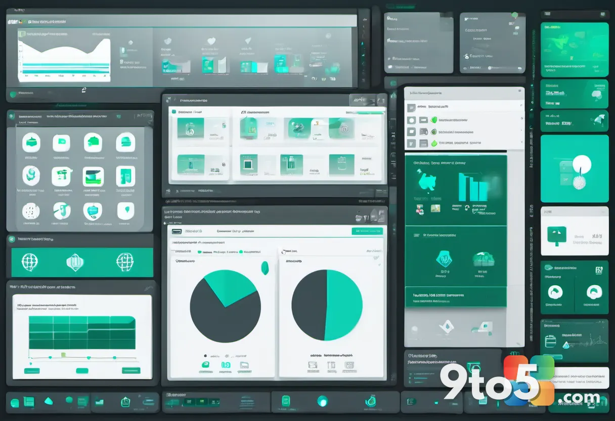 Enterprise IT dashboard with green shield icons and container graphics, dark interface with teal accents, clean corporat