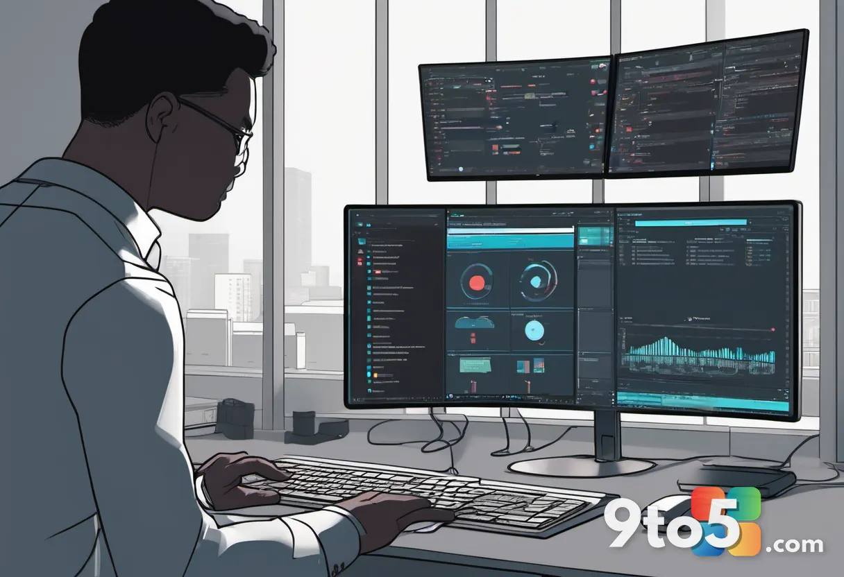 A close-up of an IT administrator's hands on a keyboard, multiple monitors showing system configuration panels and softw