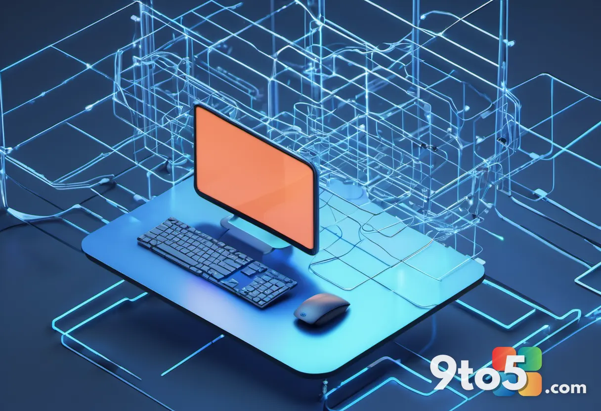 A clean 3D illustration of a Windows 11 desktop icon floating above a network of connected computer nodes, glowing blue