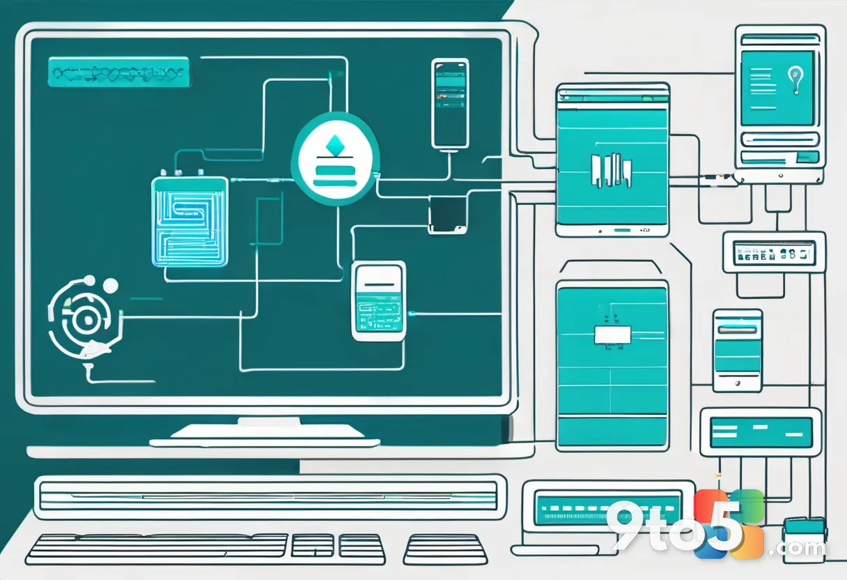 A diagram-style illustration showing a laptop, a Wi-Fi access point, and a server linked by glowing lines, representing 