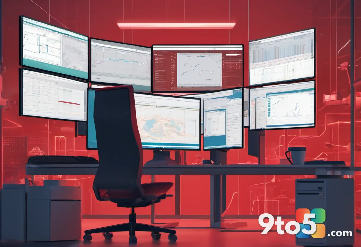 An IT administrator at a desk monitoring multiple screens showing network status dashboards with a red warning alert. Of