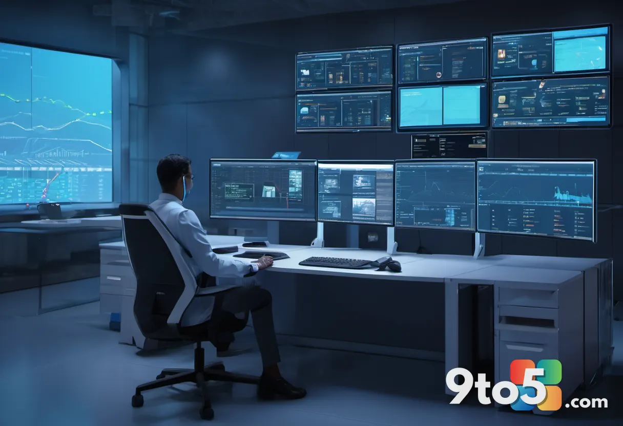 A security analyst at a monitoring desk facing multiple screens showing agent activity logs and risk alerts, in a dimly 
