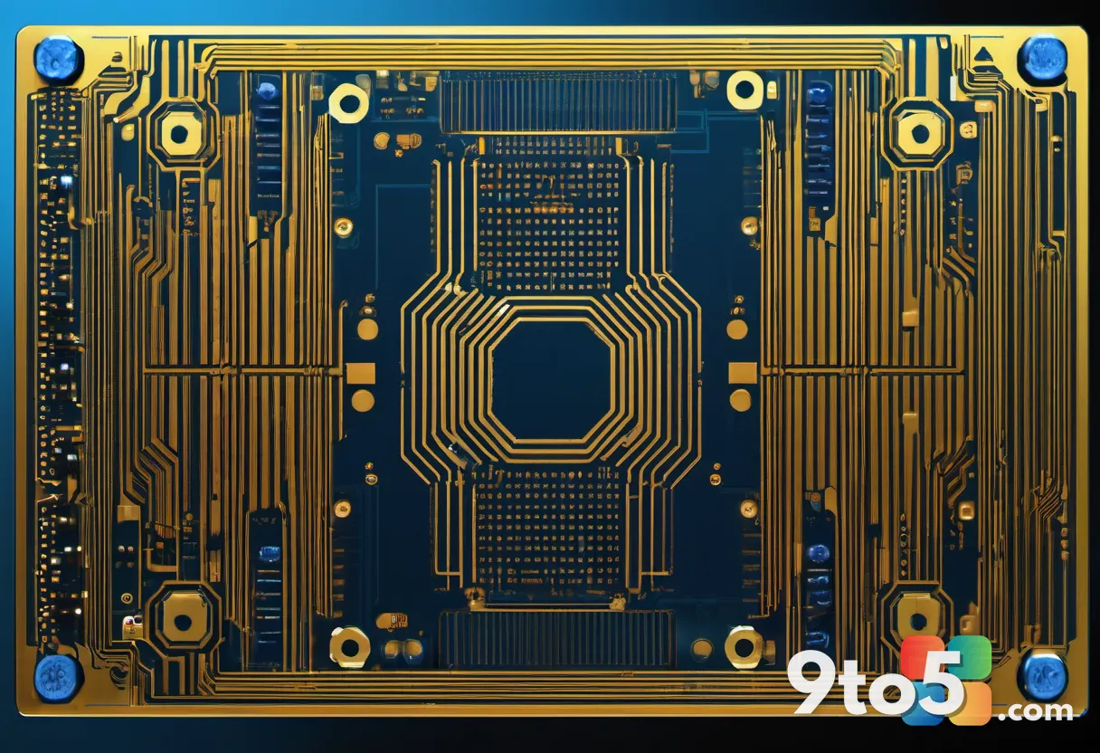 A close-up macro photograph of a single large AI accelerator chip on a circuit board, with intricate gold contacts and e