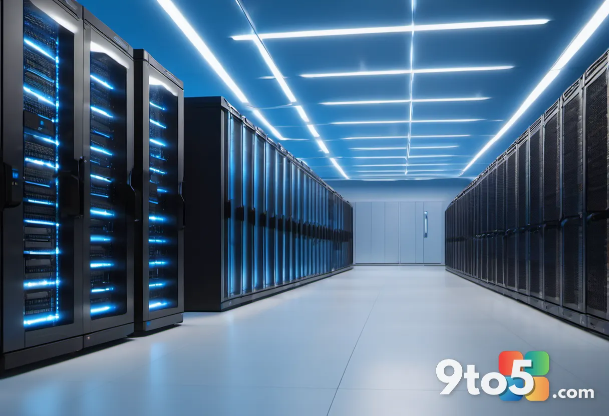 A wide-angle view down a long, brightly lit datacenter aisle flanked by identical black server racks receding into the d