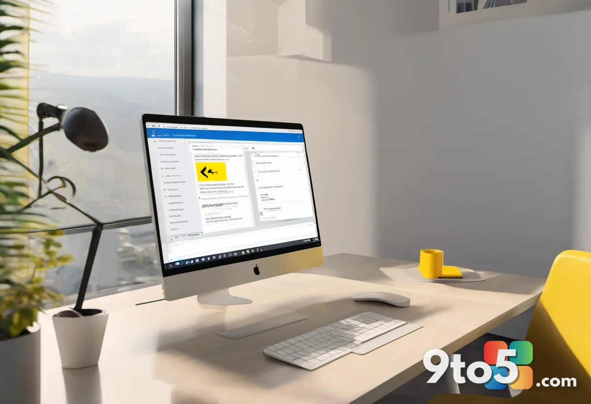 A person at a desk looking at a laptop screen showing an Outlook email with a yellow warning banner about a blocked atta