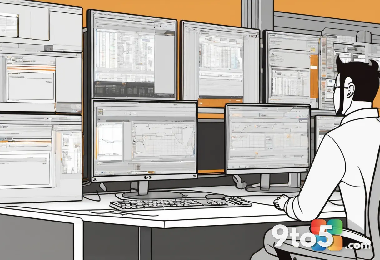A professional IT administrator reviewing a fleet of computers on a large monitoring dashboard, with one external drive 