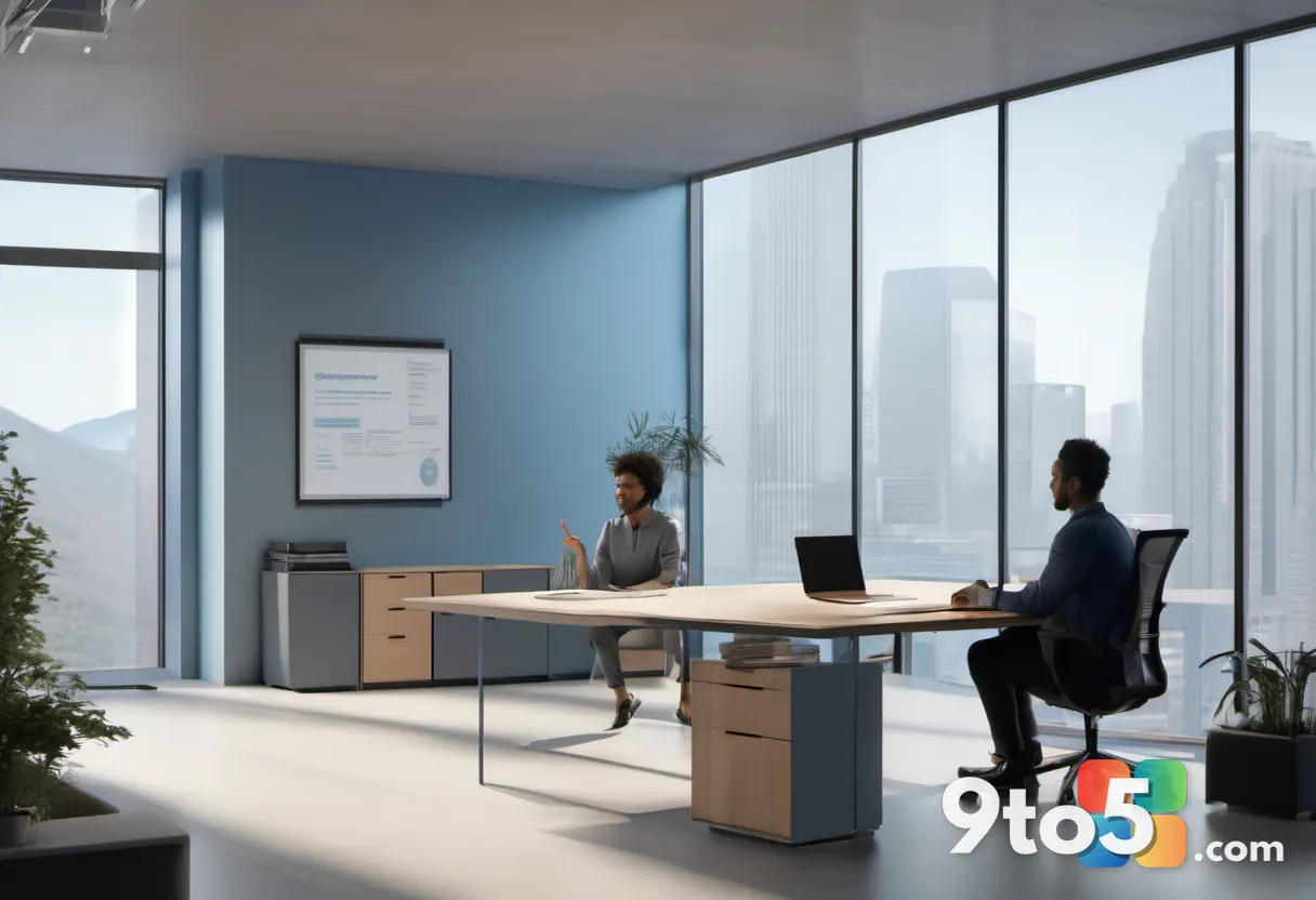 Two professionals meeting across a modern office desk, one gesturing toward a laptop showing a certificate, warm natural