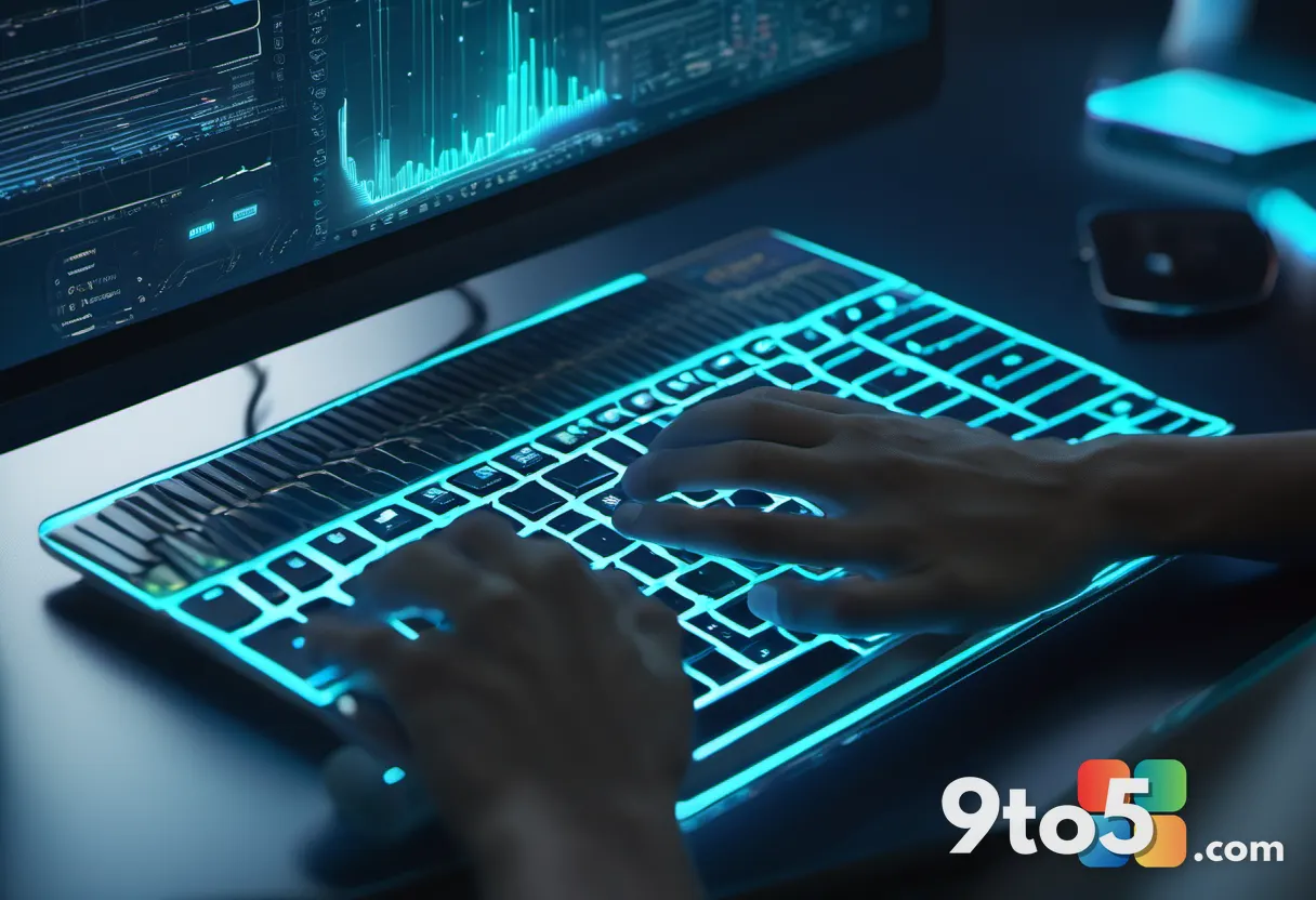 Close-up of a developer's hands on a keyboard with a soft holographic AI assistant glow rising from the screen, abstract