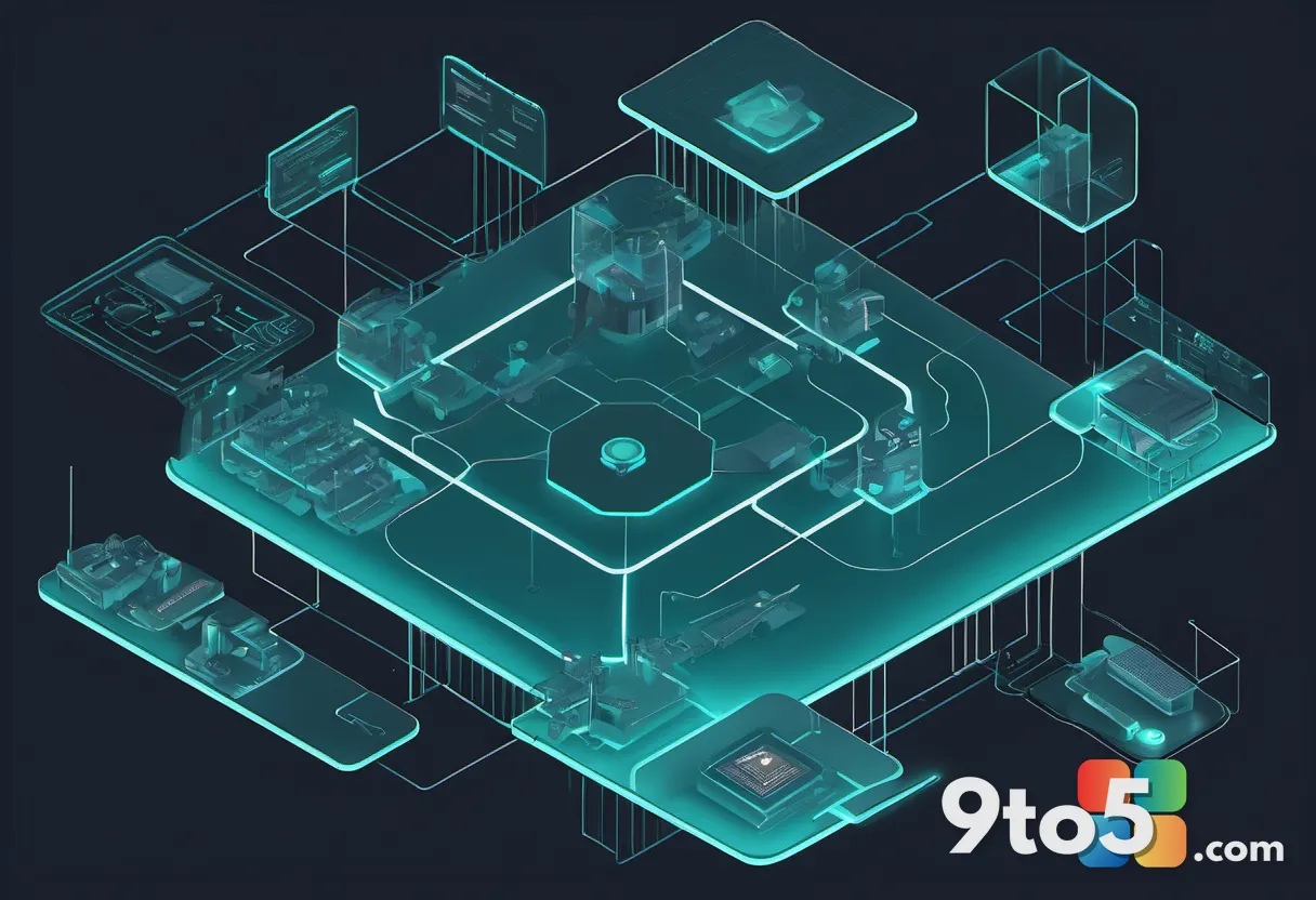 A clean isometric diagram of a central hub connecting to several labeled model nodes via glowing lines, on a dark teal b