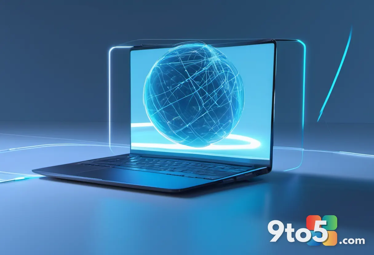 A minimalist concept image of a translucent AI orb with flowing light trails emerging from a laptop screen, representing