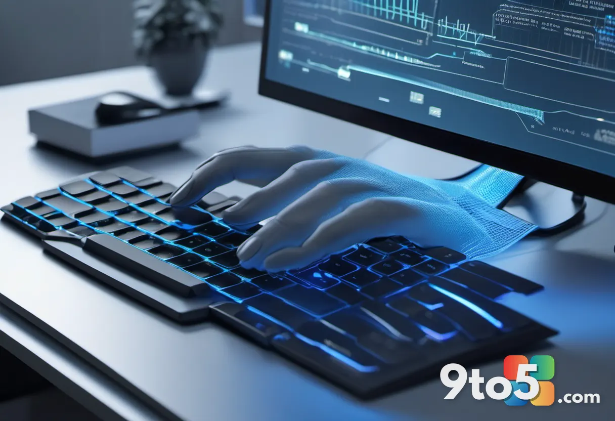 A close-up of a lawyer's hands typing on a keyboard, with a soft holographic blue AI glow rising from the screen, modern