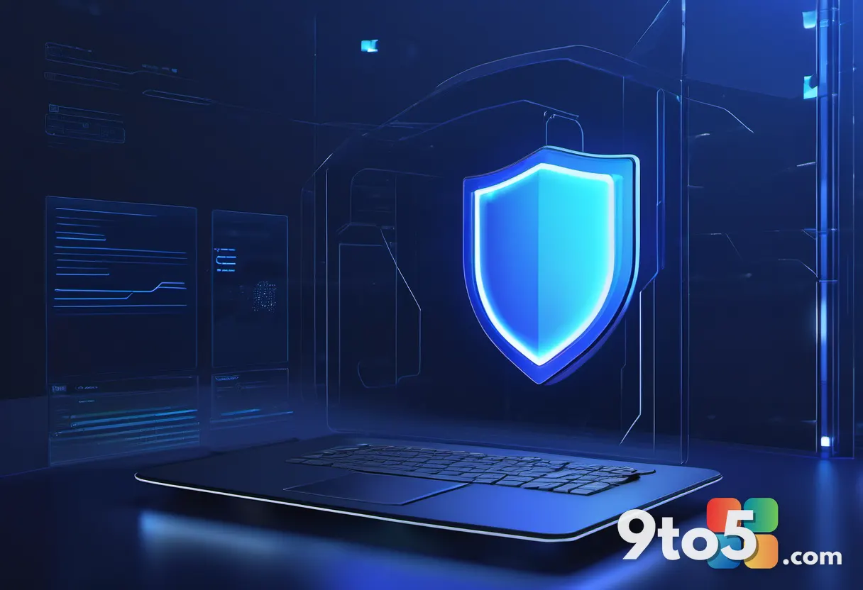 An abstract illustration of a translucent shield protecting a glowing AI chip, symbolizing data privacy, dark blue backg