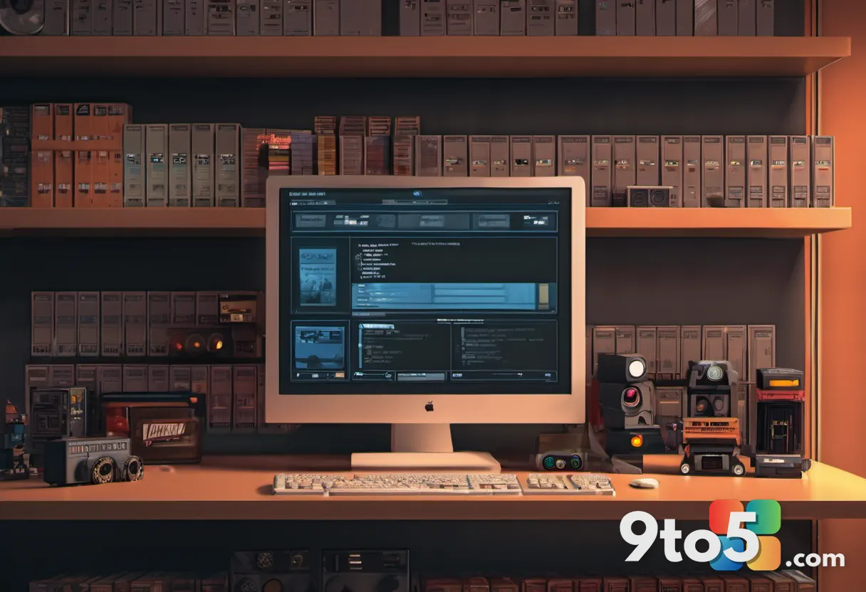 A cinematic scene of a film clapperboard resting on a shelf of video game cartridges and collectible figurines, soft stu