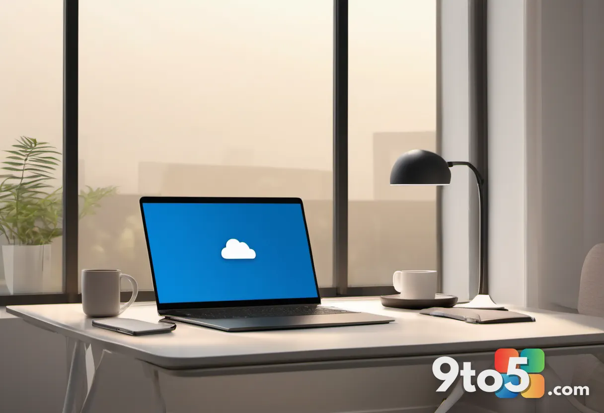 A clean home desk setup showing a laptop with a glowing OneDrive folder icon on screen, alongside a coffee mug and noteb