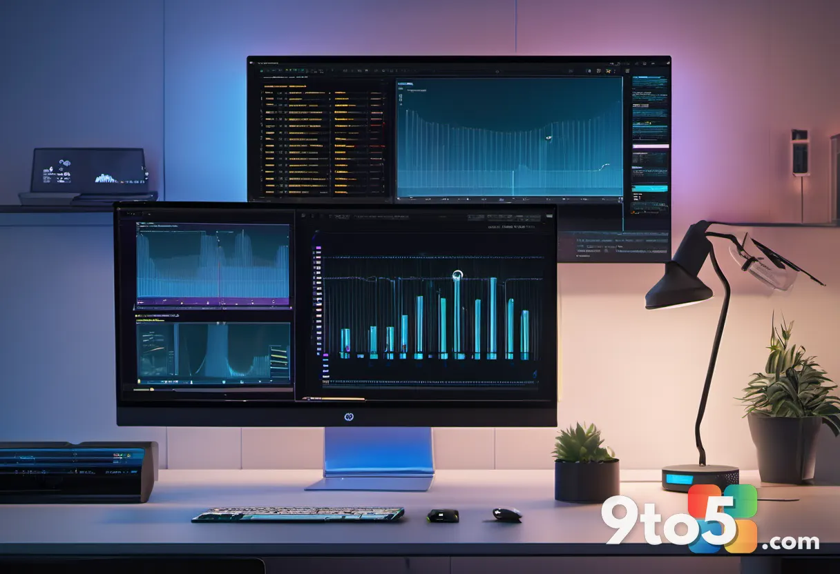 A developer's desk showing multiple monitors, one displaying a Linux desktop environment with a security dashboard, soft