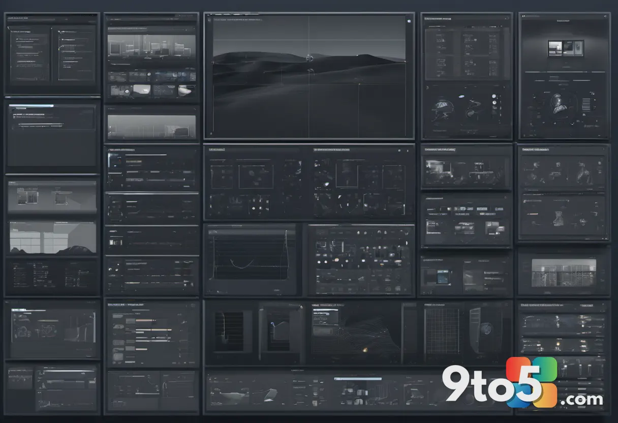 A grid of eight dark desktop wallpaper thumbnails displayed on a monitor, each featuring moody hardware-inspired designs
