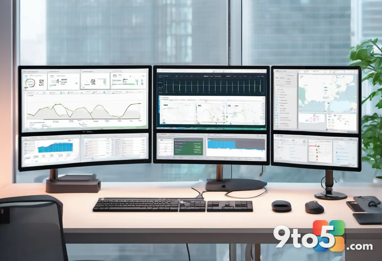 An IT administrator's dual-monitor setup showing a security Monitoring dashboard with severity badges and CVE lists, war