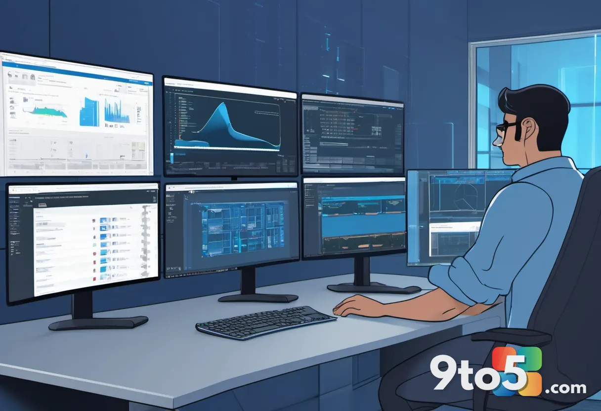 A system administrator at a workstation configuring security policies on a dashboard screen, multiple monitors showing s