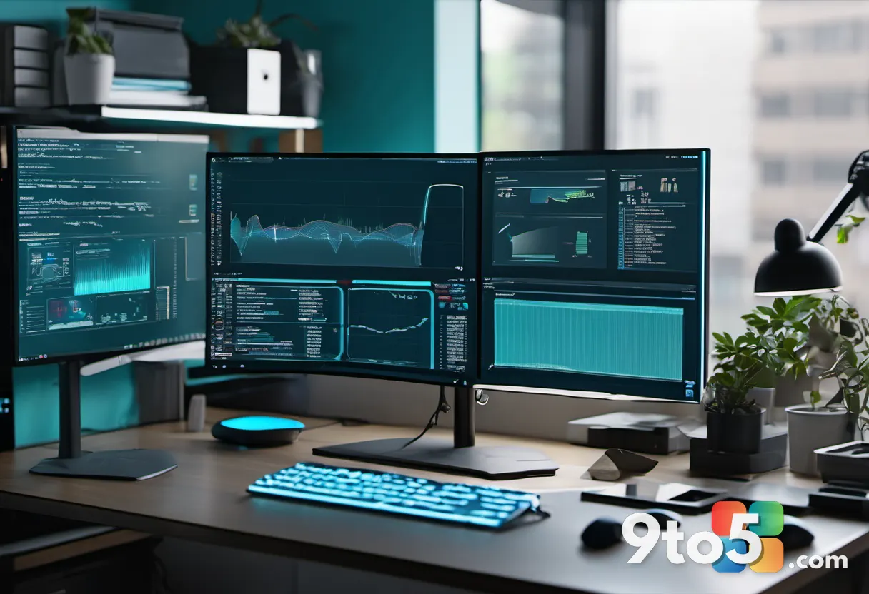 A developer's workspace with a monitor showing code and a holographic container visualization, blue and teal tones, mode