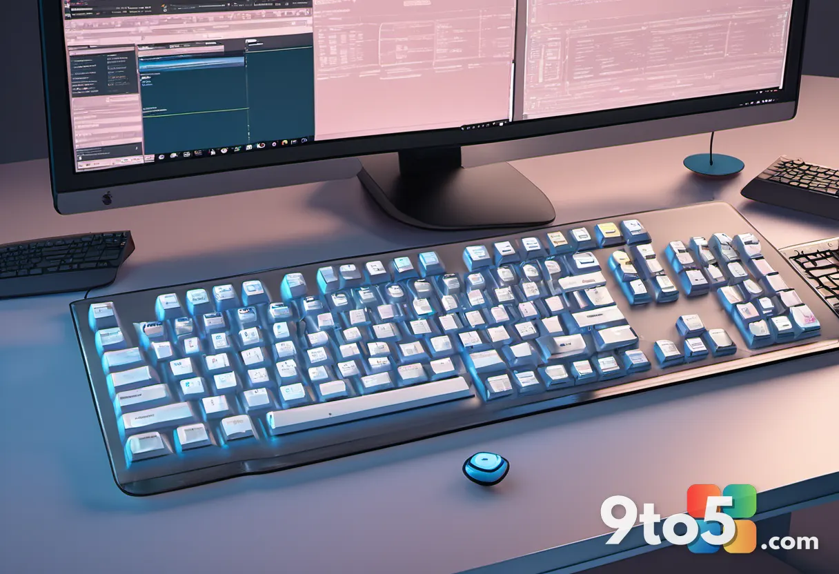 A developer's hands on a keyboard with multiple monitors showing code and a game engine interface, warm office lighting,