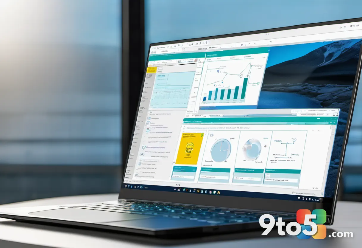 Close-up of a laptop screen showing a Power BI semantic model diagram connected to a Copilot chat window, soft blue ligh