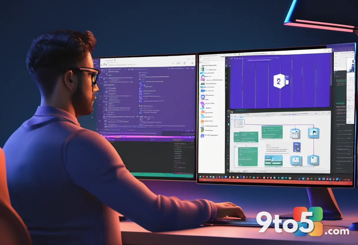 Developer working on an app prototype in Visual Studio Code with database icons and agentic automation visuals glowing o