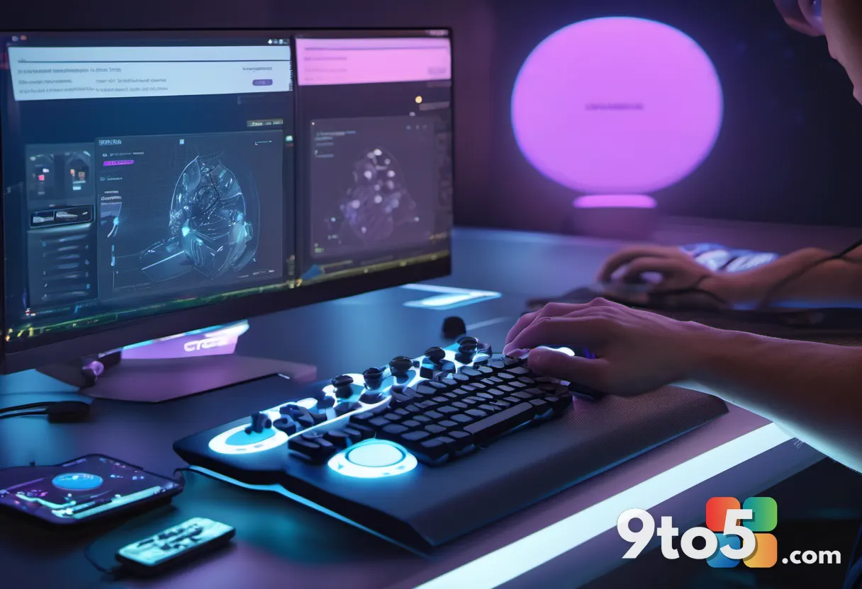 A developer's hands working on a game controller prototype surrounded by AI-generated game concept sketches and glowing 