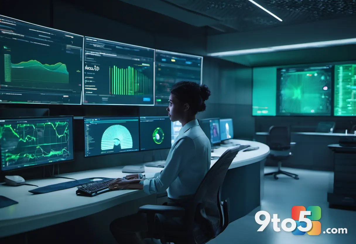 A security analyst in a dimly lit control room monitoring multiple screens of AI activity logs, blue and green data visu