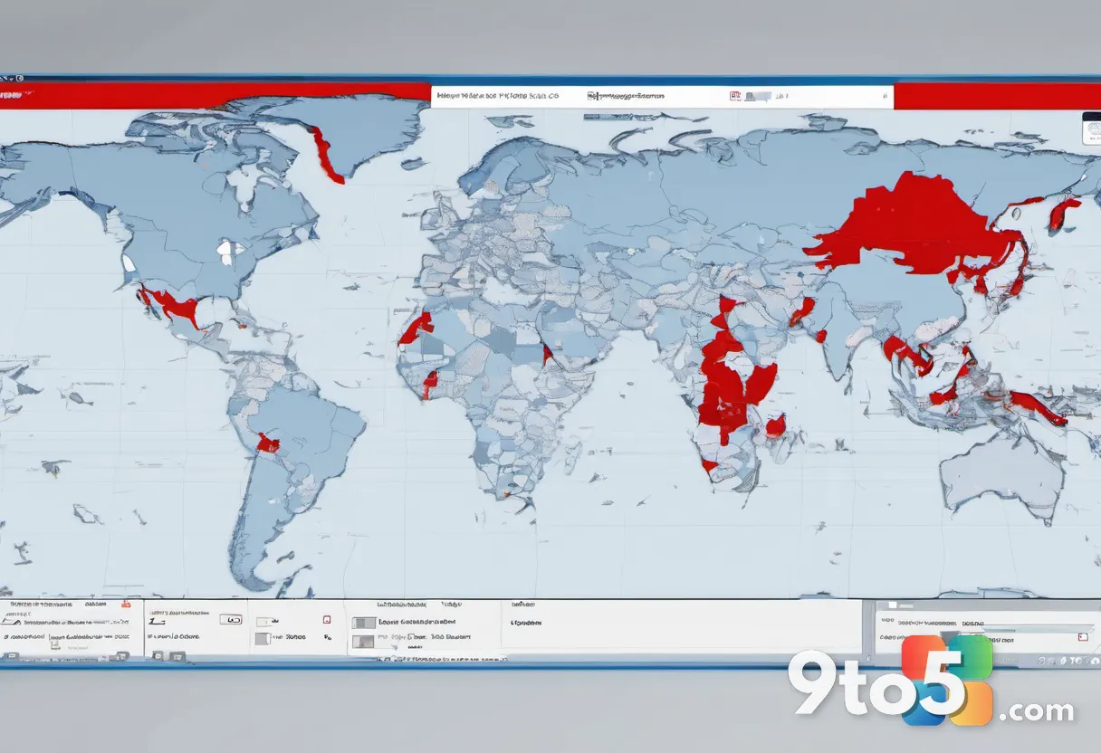 A split world map with the UK and Germany highlighted in red, other regions in muted blue, showing a regional service di