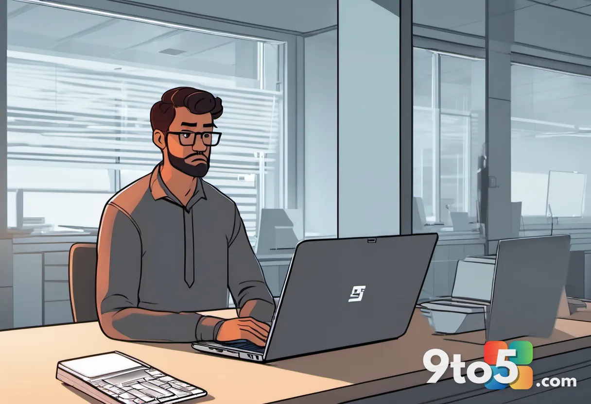 A frustrated office worker looking at a frozen Microsoft 365 login screen on a laptop, soft warm office lighting, shallo