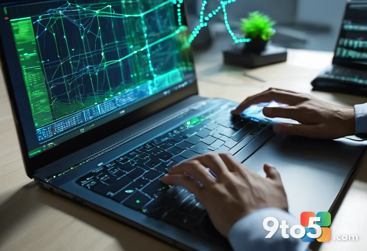 A developer's hands typing on a laptop keyboard, with a translucent holographic display showing a flowing neural network